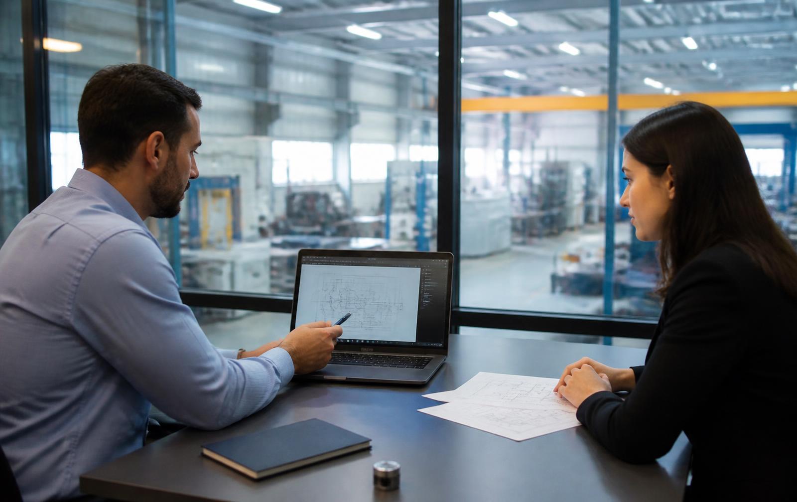 Confronto commerciale in ufficio affacciato su un reparto produttivo